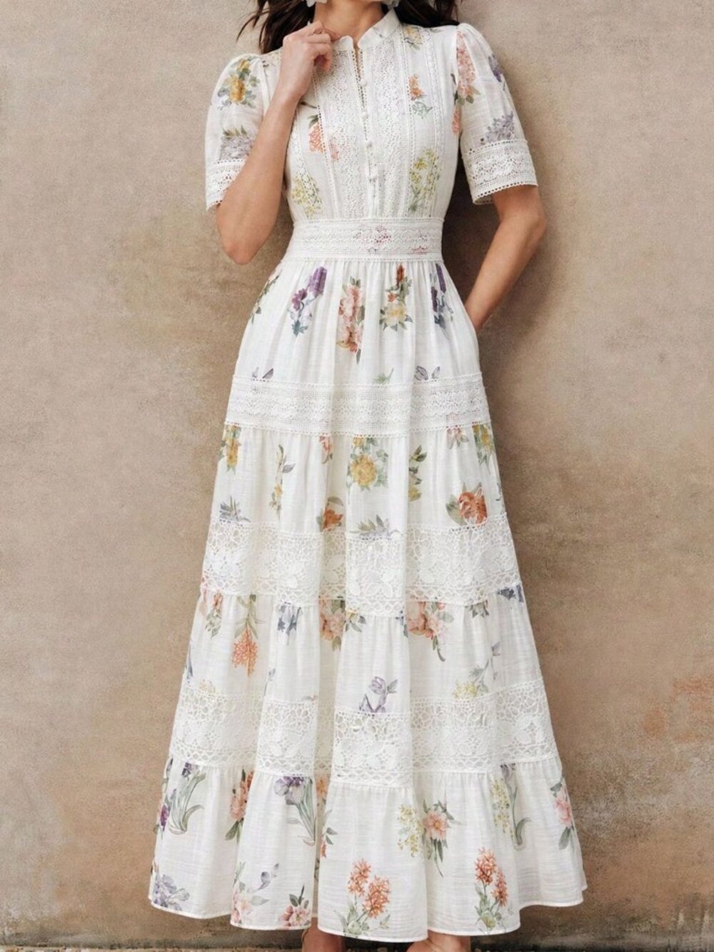 White Boho Women's Floral Print Waist-Cinched Flared Dress - Picture 4 of 8